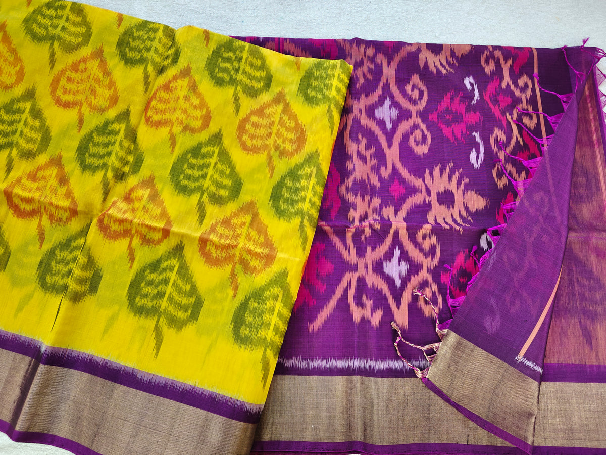 Yellow with Purple Pochampally Ikkat Silk Cotton (SICO Pattu)
