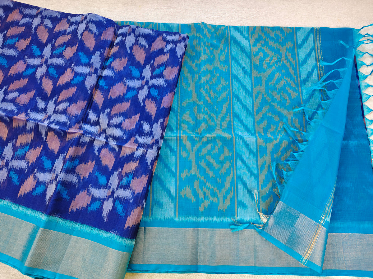 Blue with Sky Blue Pochampally Ikkat Silk Cotton (SICO Pattu)