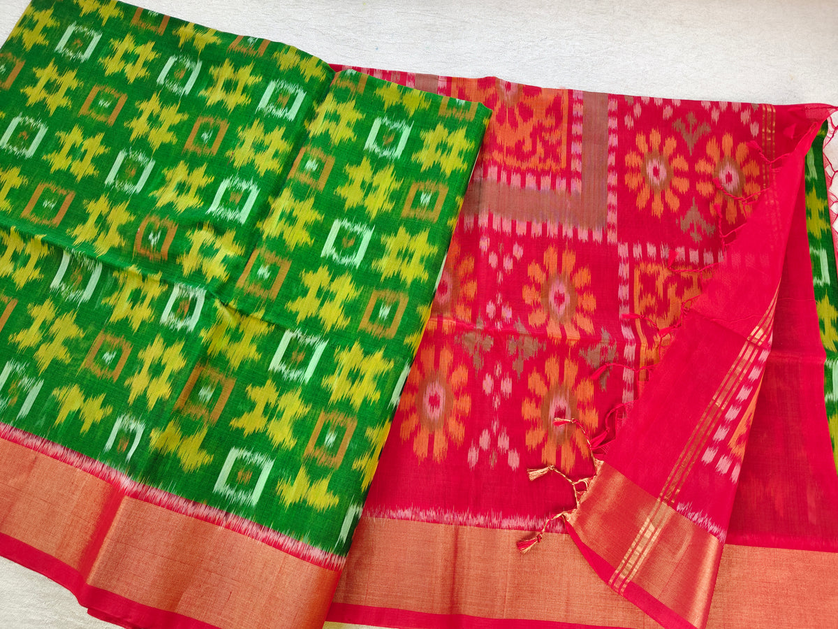 Green with Red Pochampally Ikkat Silk Cotton (SICO Pattu)