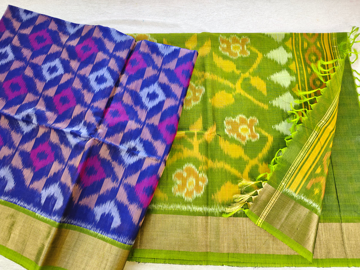 Blue with Green Pochampally Ikkat Silk Cotton (SICO Pattu)