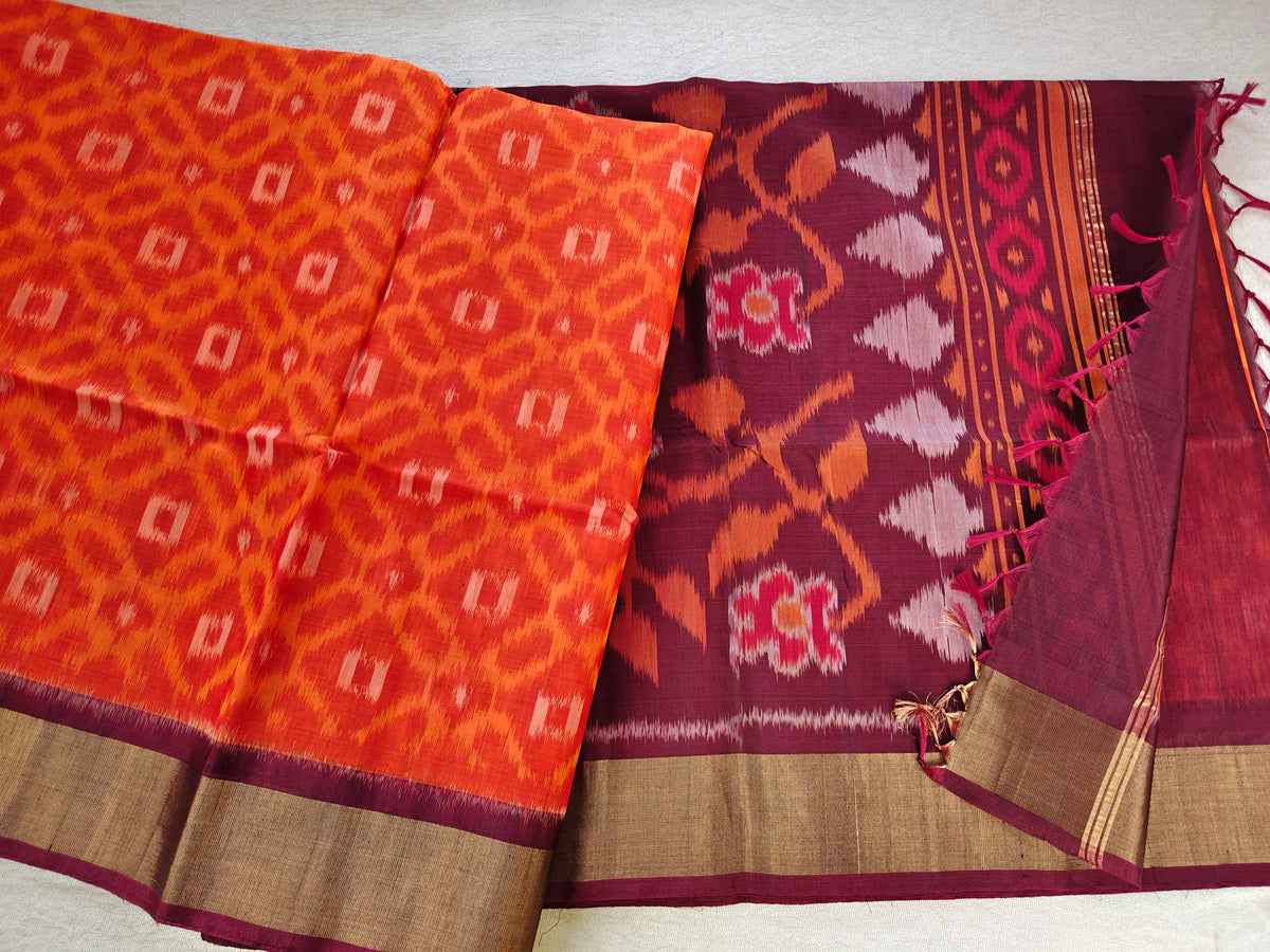 Orange with Maroon Pochampally Ikkat Silk Cotton (SICO Pattu)
