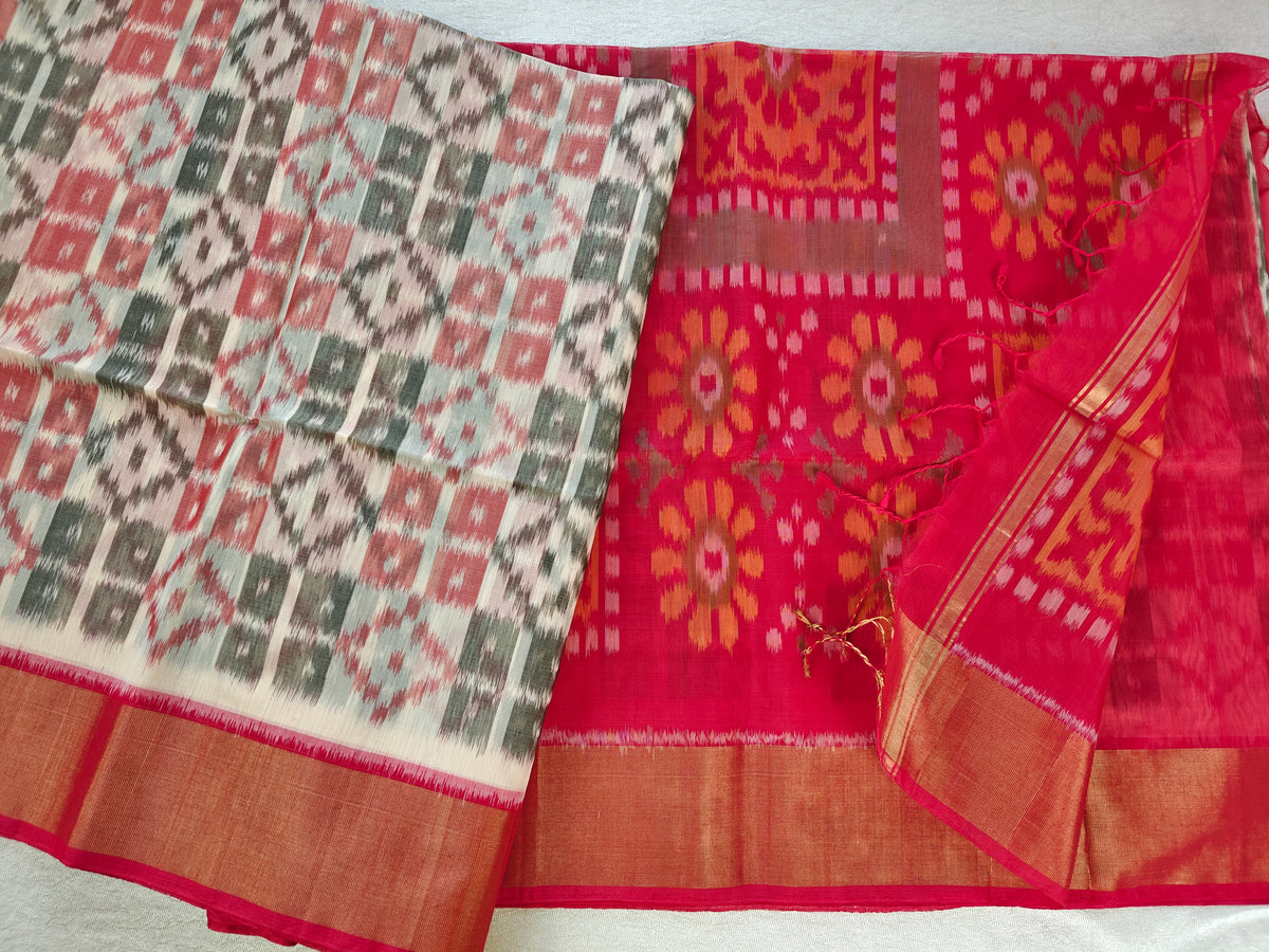 Off-white with Red Pochampally Ikkat Silk Cotton (SICO Pattu)