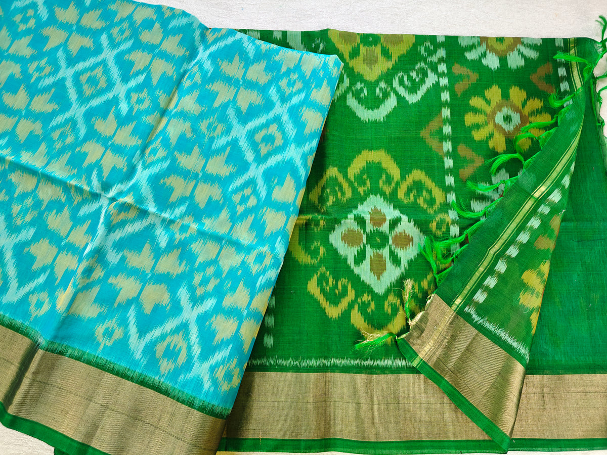 Blue with Green Pochampally Ikkat Silk Cotton (SICO Pattu)