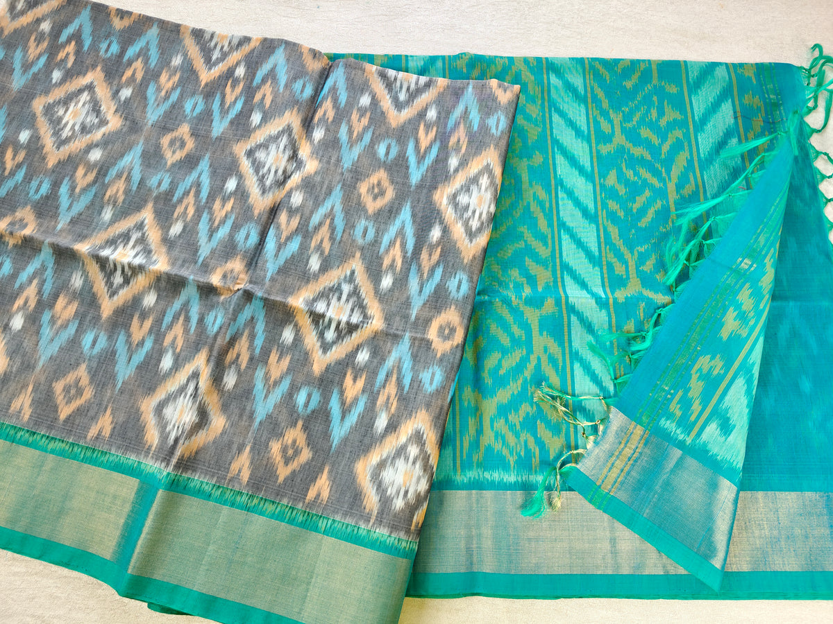 Grey with Blue Pochampally Ikkat Silk Cotton (SICO Pattu)