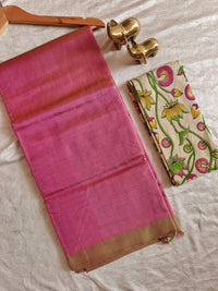Handwoven Mangalagiri Plain Pattu Saree - Dual Shade Onion Pink with Green