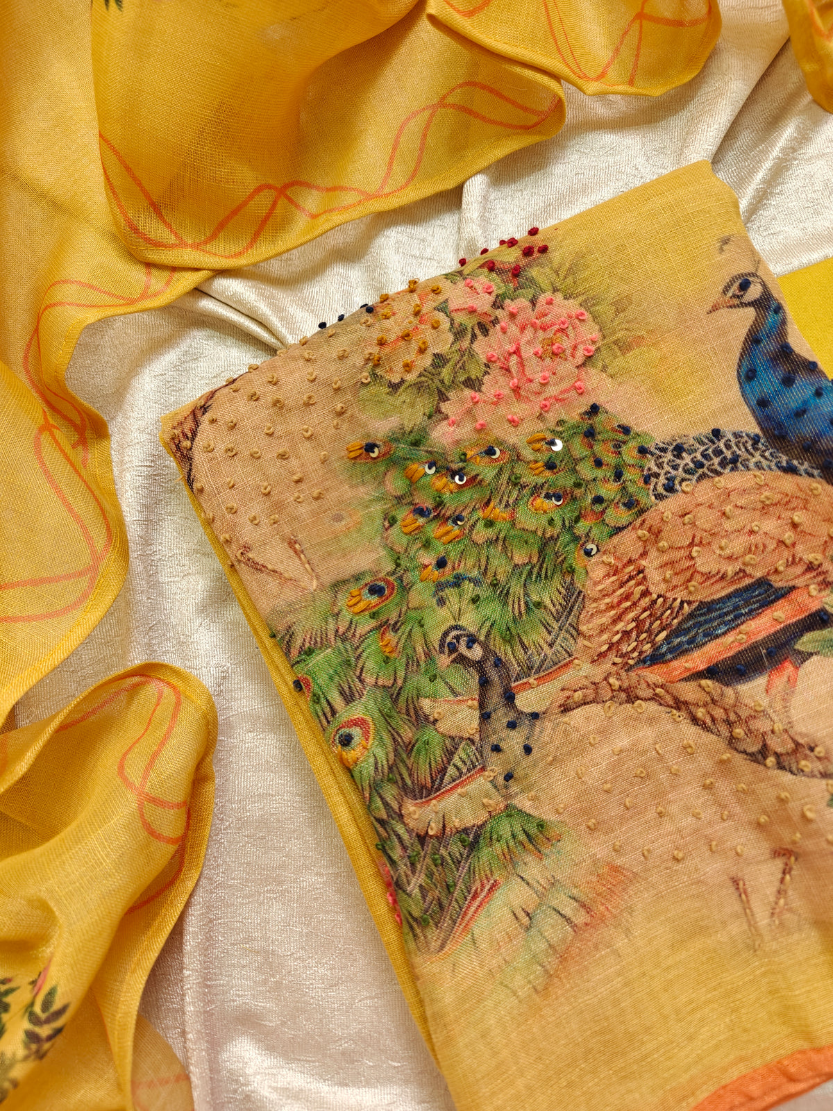 Soft Linen Tissue Unstitched Salwar - Yellow