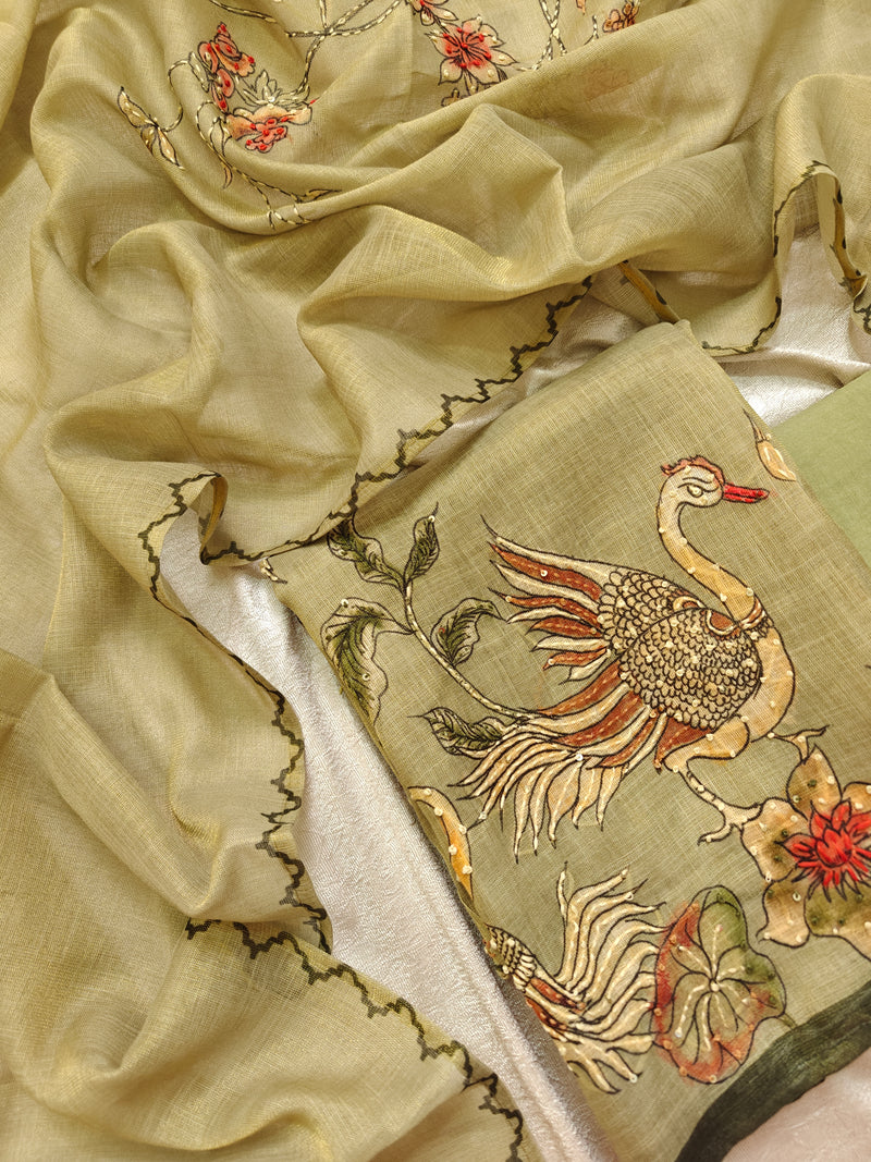 Soft Linen Tissue Unstitched Salwar - Green