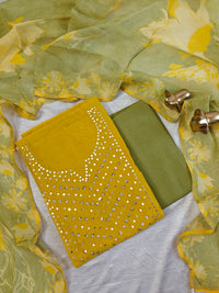 Soft Silk Unstitched Salwar Suit  - Yellow with Green