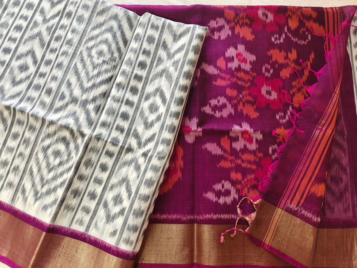 Off-white with Dark Maroon Pochampally Ikkat Silk Cotton (SICO Pattu)