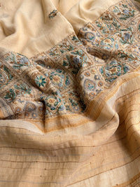 Linen Tissue with Embroidery Work - Tussar Shade with Blue