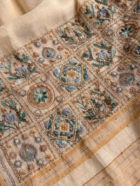 Linen Tissue with Embroidery Work - Tussar Shade with Blue