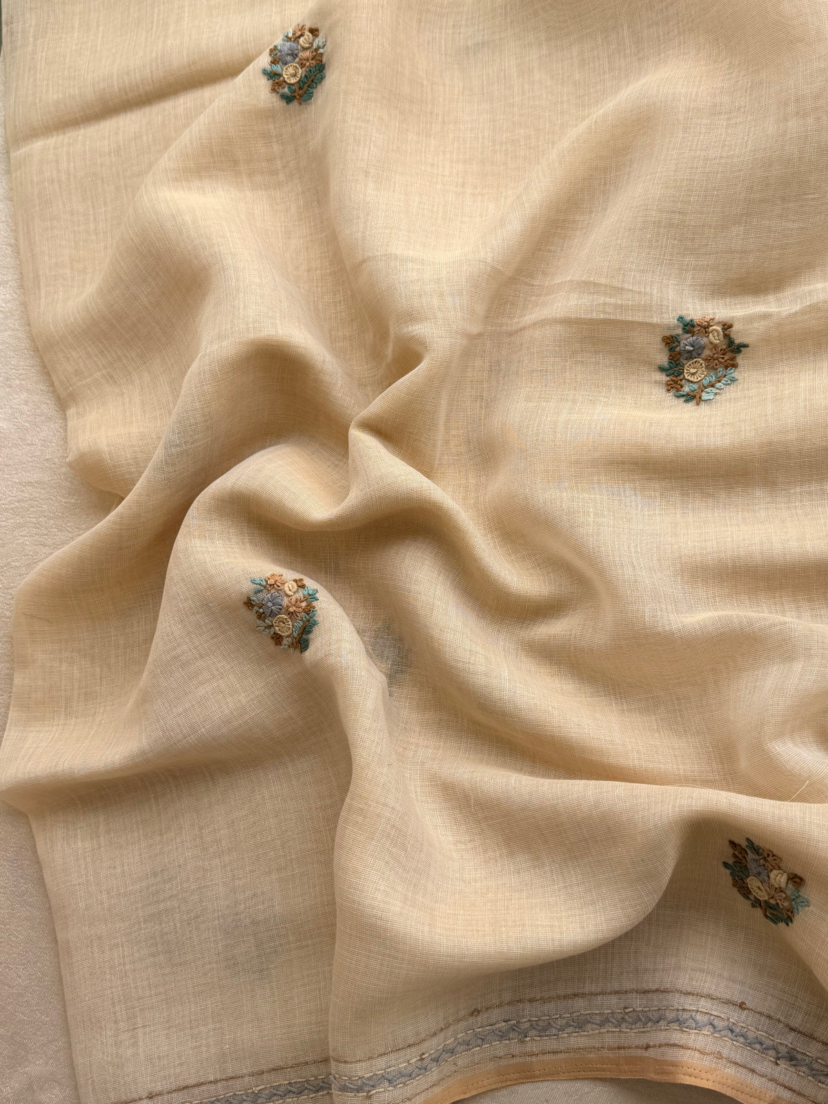 Linen Tissue with Embroidery Work - Tussar Shade with Blue
