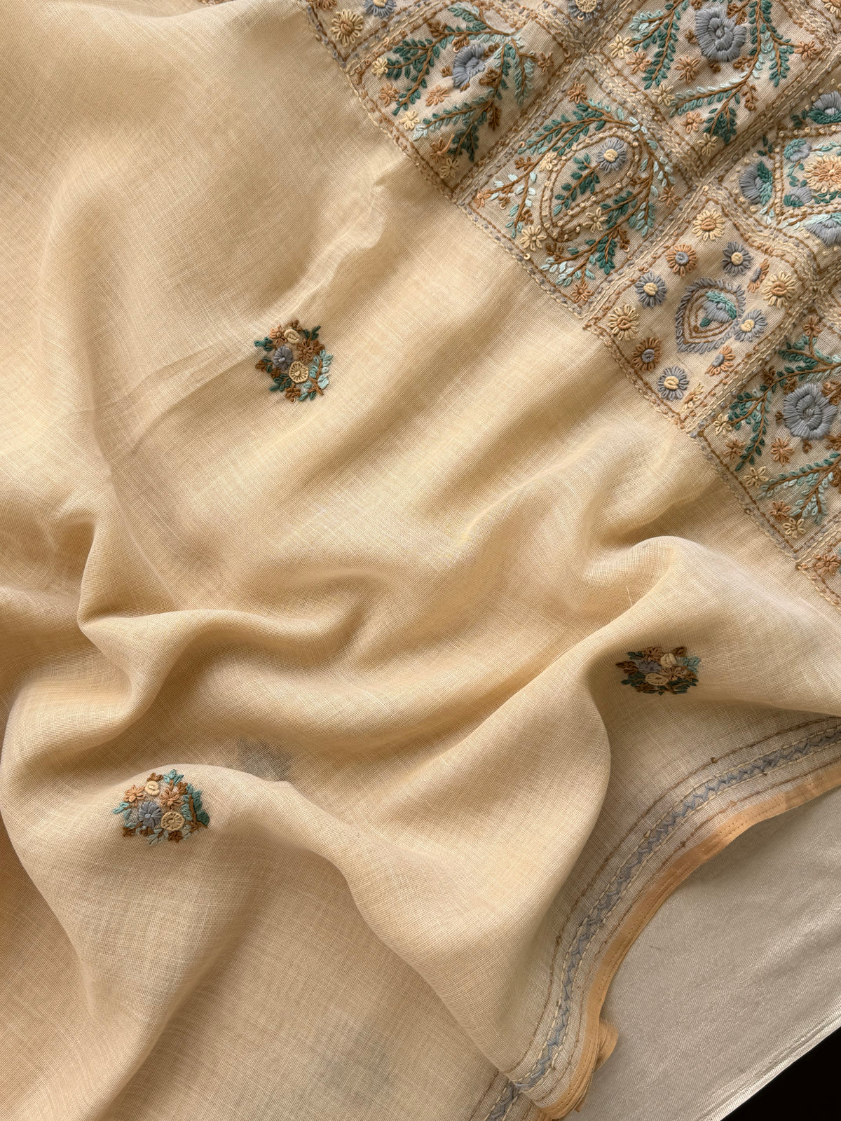 Linen Tissue with Embroidery Work - Tussar Shade with Blue