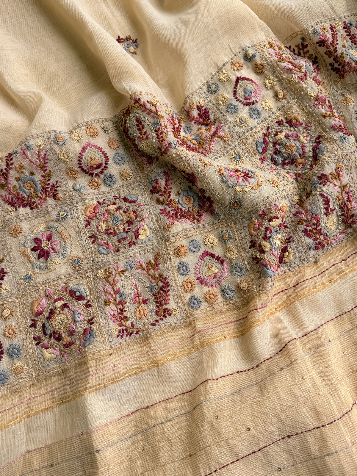 Linen Tissue with Embroidery Work - Tussar Shade with Pink