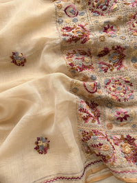 Linen Tissue with Embroidery Work - Tussar Shade with Pink