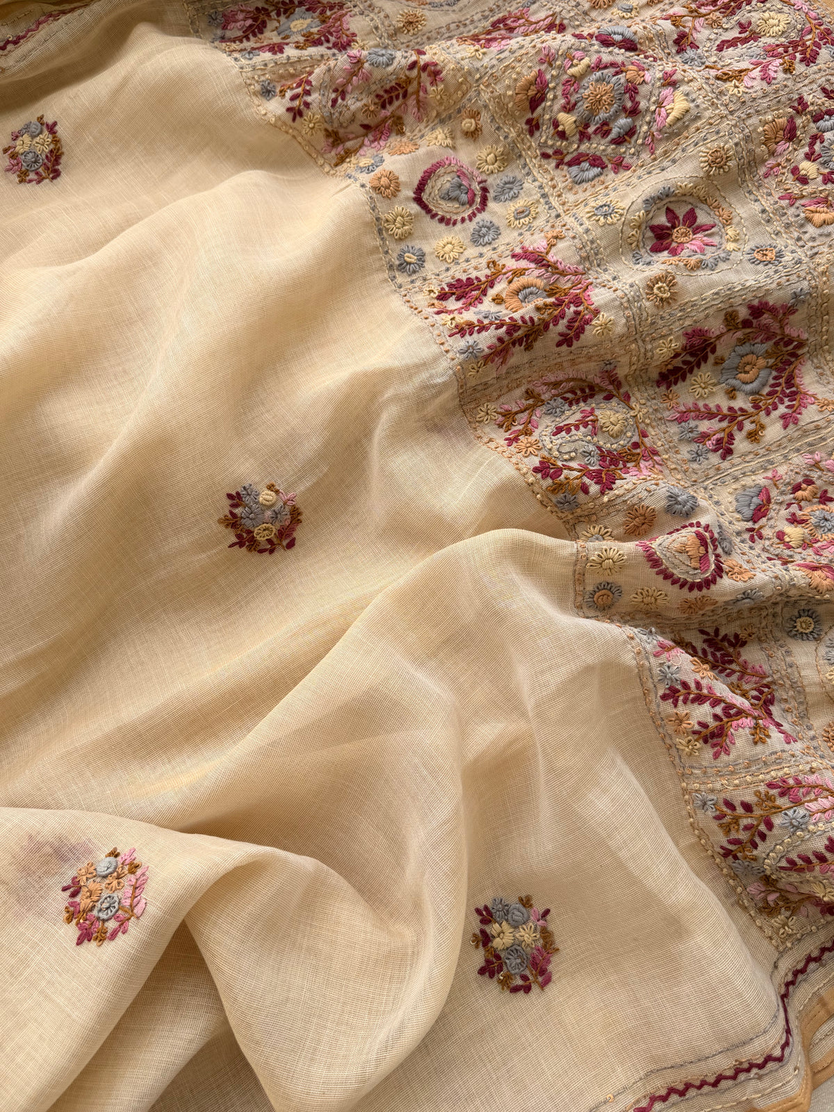 Linen Tissue with Embroidery Work - Tussar Shade with Pink