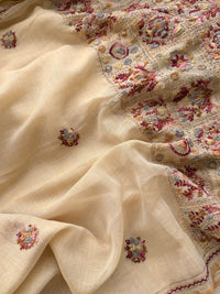 Linen Tissue with Embroidery Work - Tussar Shade with Pink