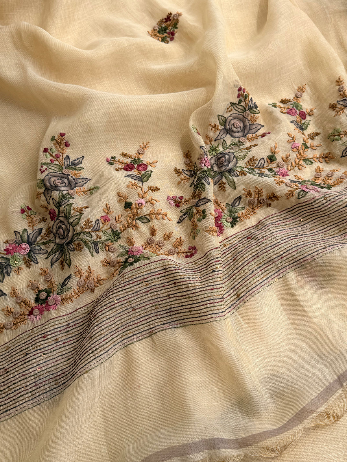 Linen Tissue with Embroidery  Work - Tussar Shade with