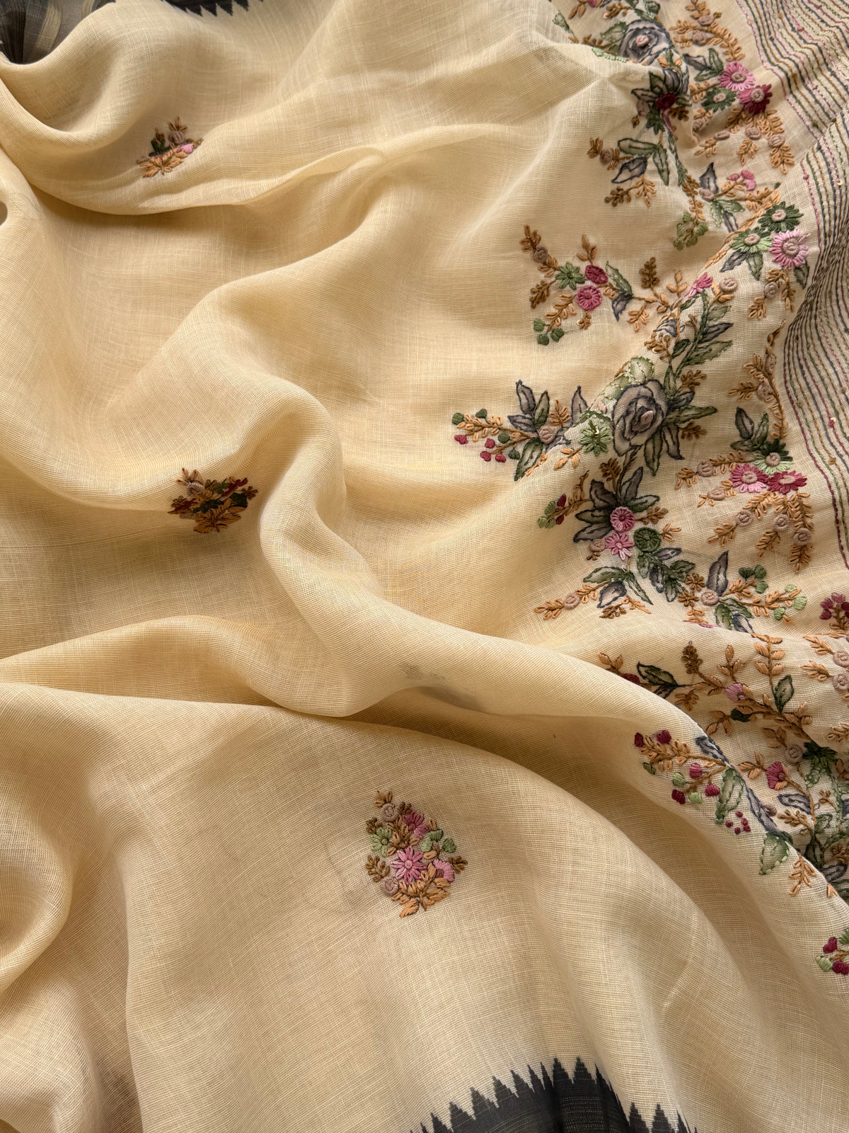 Linen Tissue with Embroidery  Work - Tussar Shade with