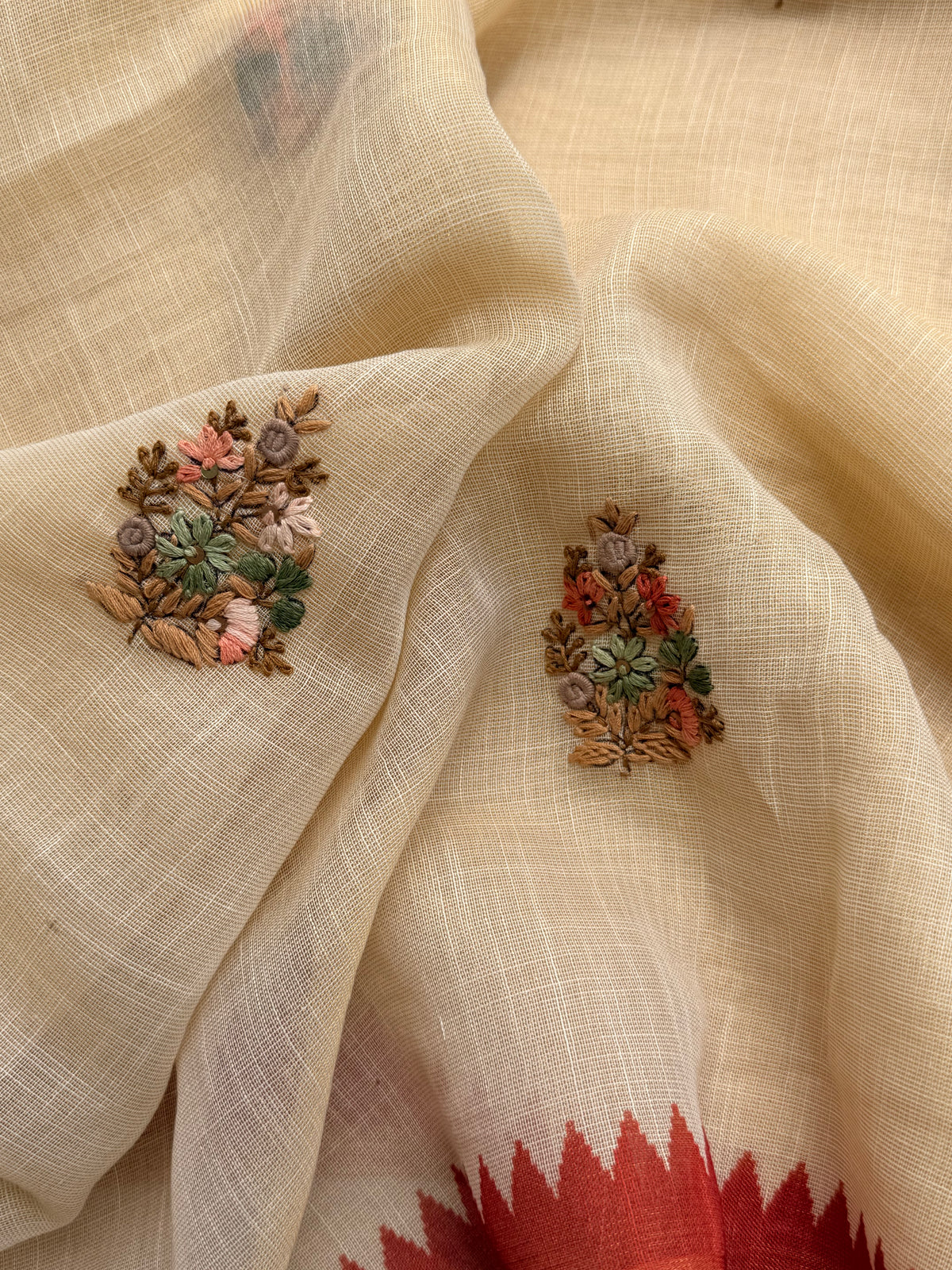 Linen Tissue with Embroidery  Work - Tussar Shade with Dark Orange