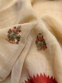 Linen Tissue with Embroidery  Work - Tussar Shade with Dark Orange