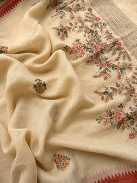 Linen Tissue with Embroidery  Work - Tussar Shade with Dark Orange