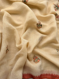 Linen Tissue with Embroidery  Work - Tussar Shade with Dark Orange