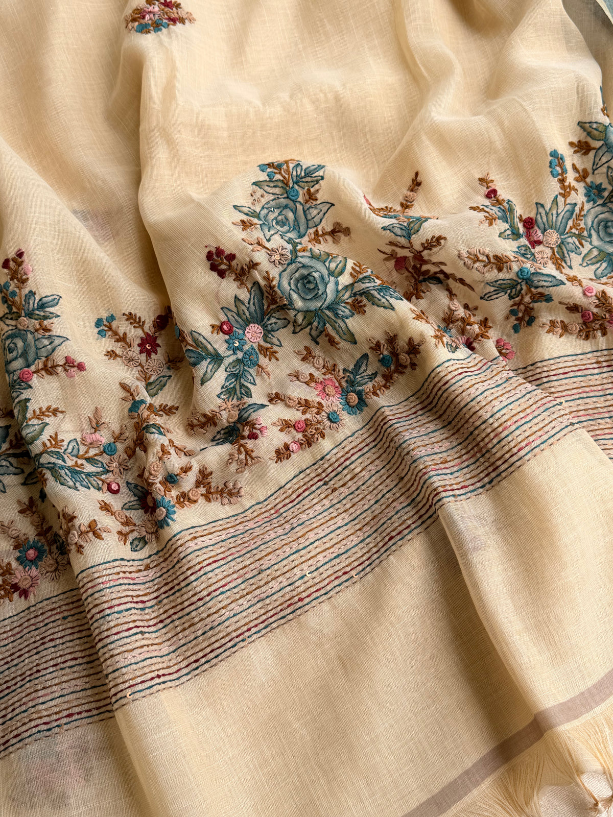 Linen Tissue with Embroidery  Work - Tussar Shade with Blue