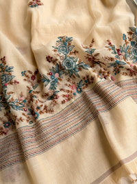 Linen Tissue with Embroidery  Work - Tussar Shade with Blue