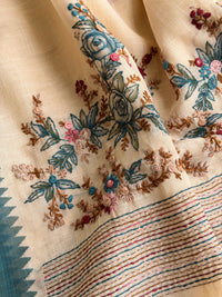 Linen Tissue with Embroidery  Work - Tussar Shade with Blue