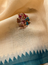 Linen Tissue with Embroidery  Work - Tussar Shade with Blue
