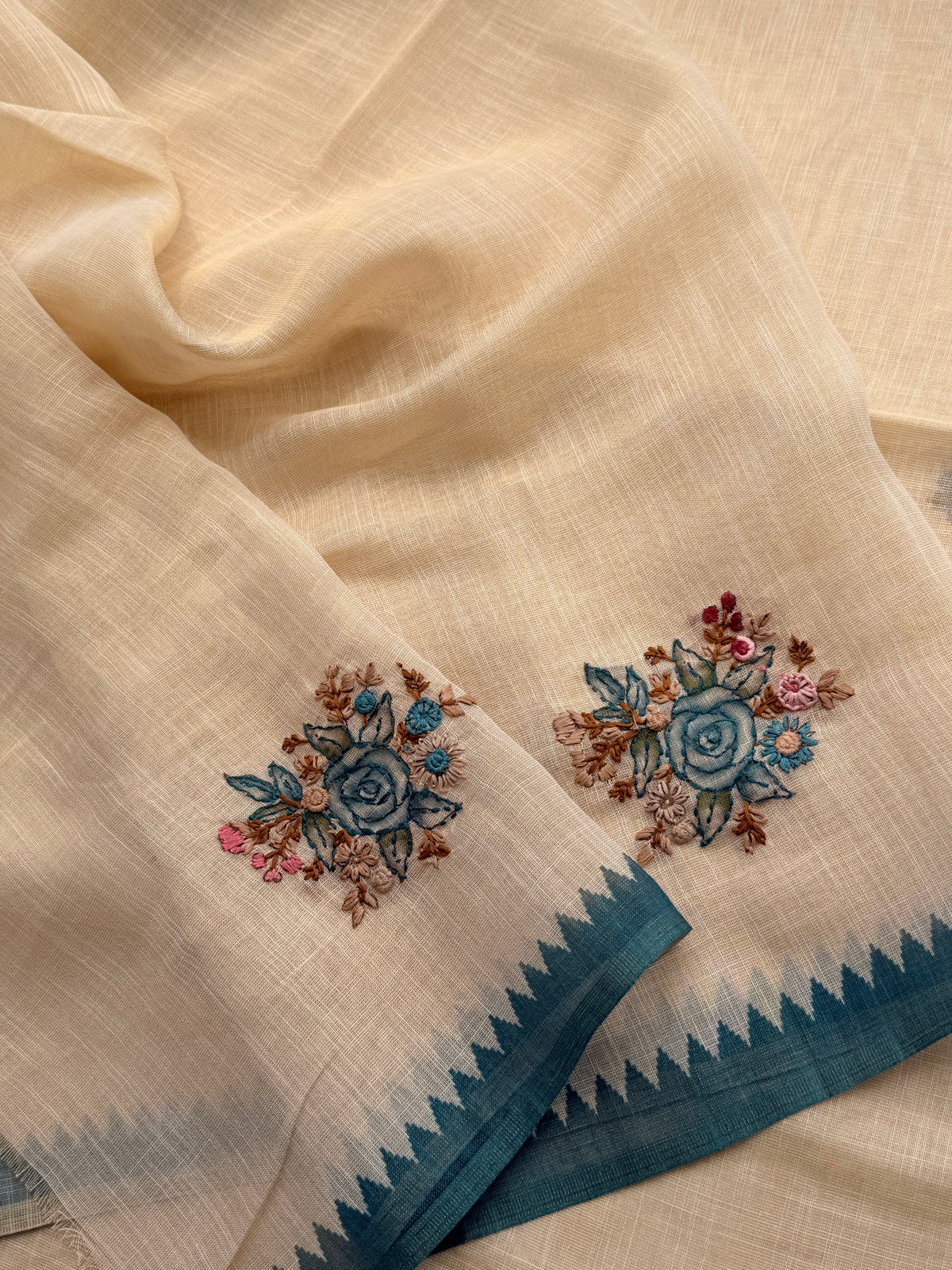 Linen Tissue with Embroidery  Work - Tussar Shade with Blue
