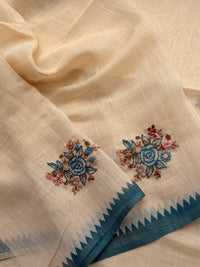 Linen Tissue with Embroidery  Work - Tussar Shade with Blue