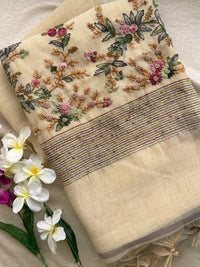 Linen Tissue with Embroidery  Work - Tussar Shade with