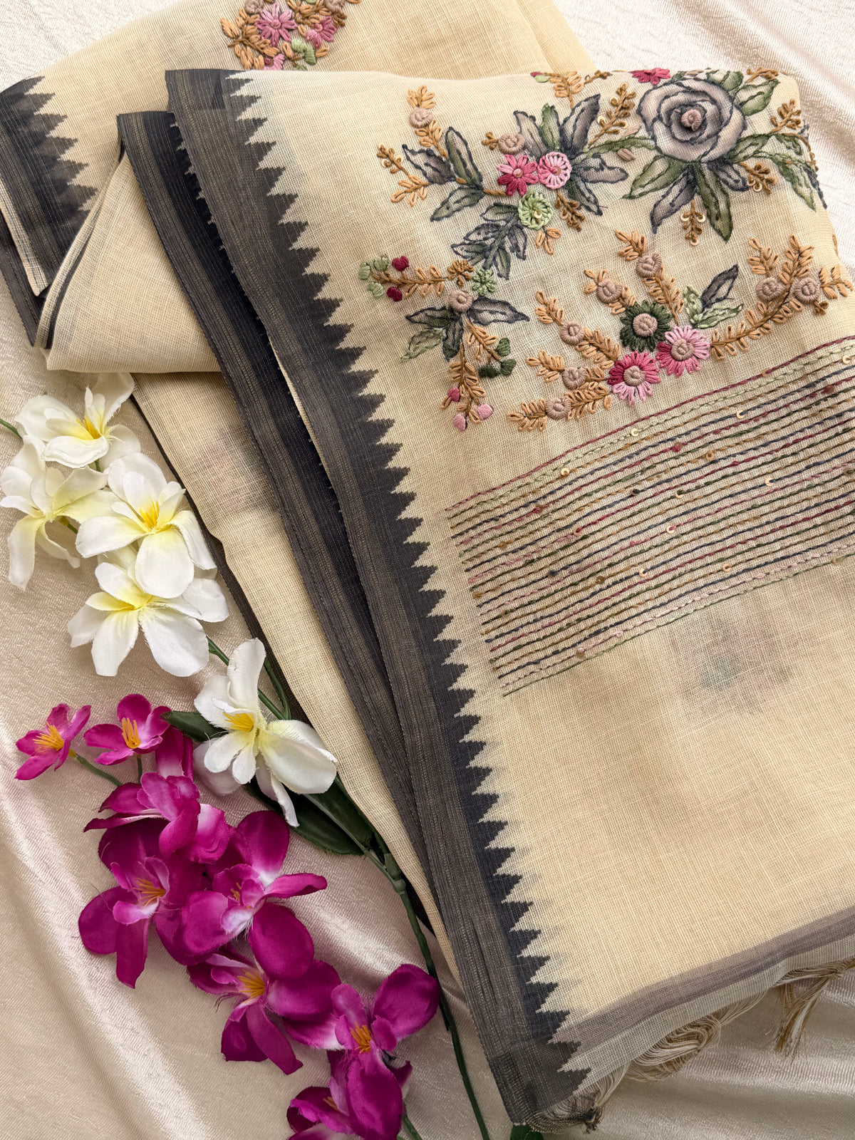 Linen Tissue with Embroidery  Work - Tussar Shade with