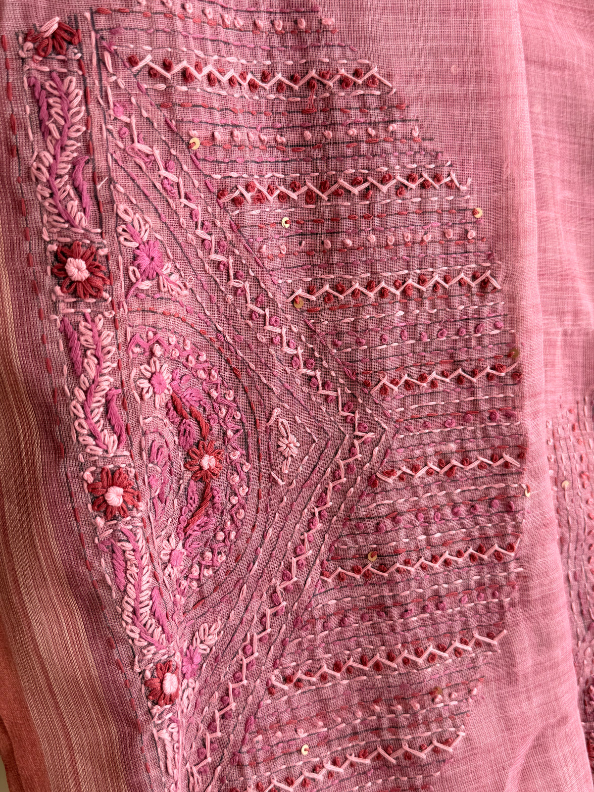 Linen Tissue with Embroidery  Work - Pink