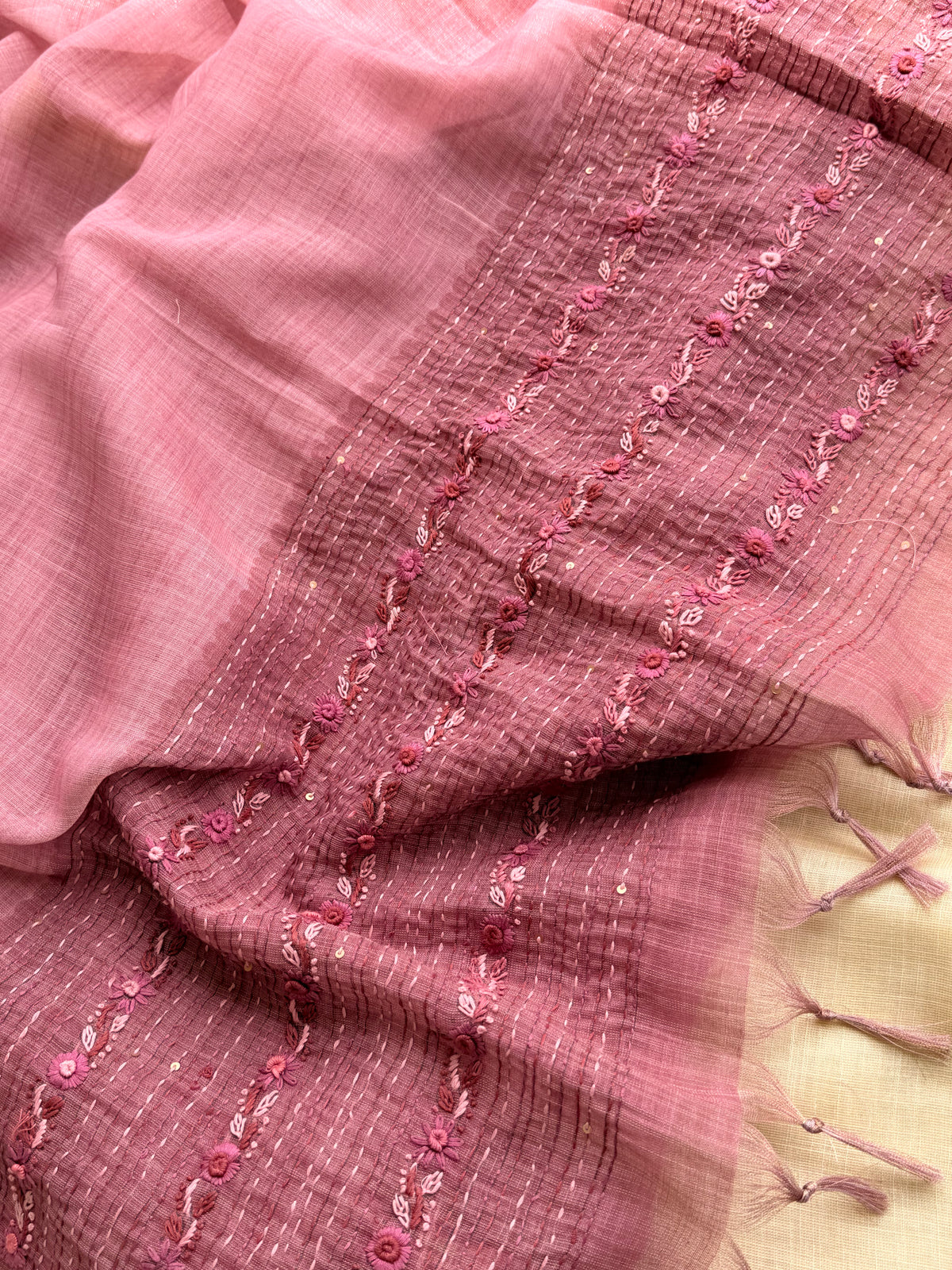 Linen Tissue with Embroidery  Work - Pink
