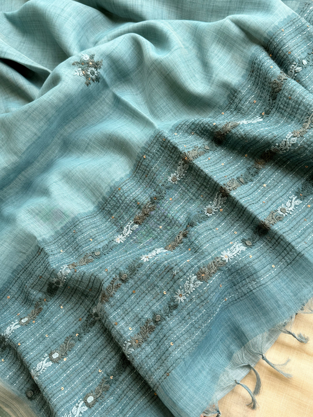 Linen Tissue with Embroidery  Work - Blue