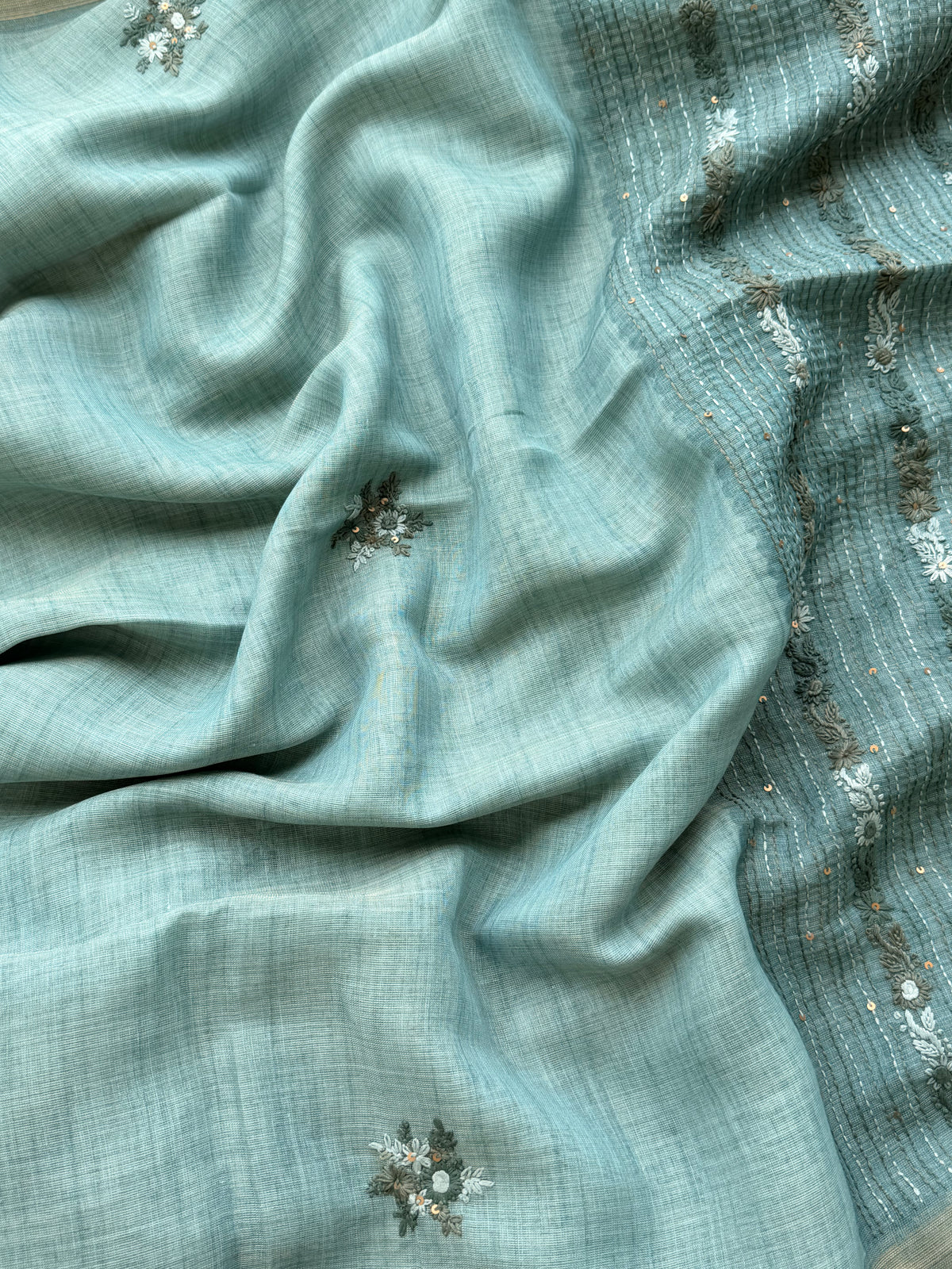 Linen Tissue with Embroidery  Work - Blue