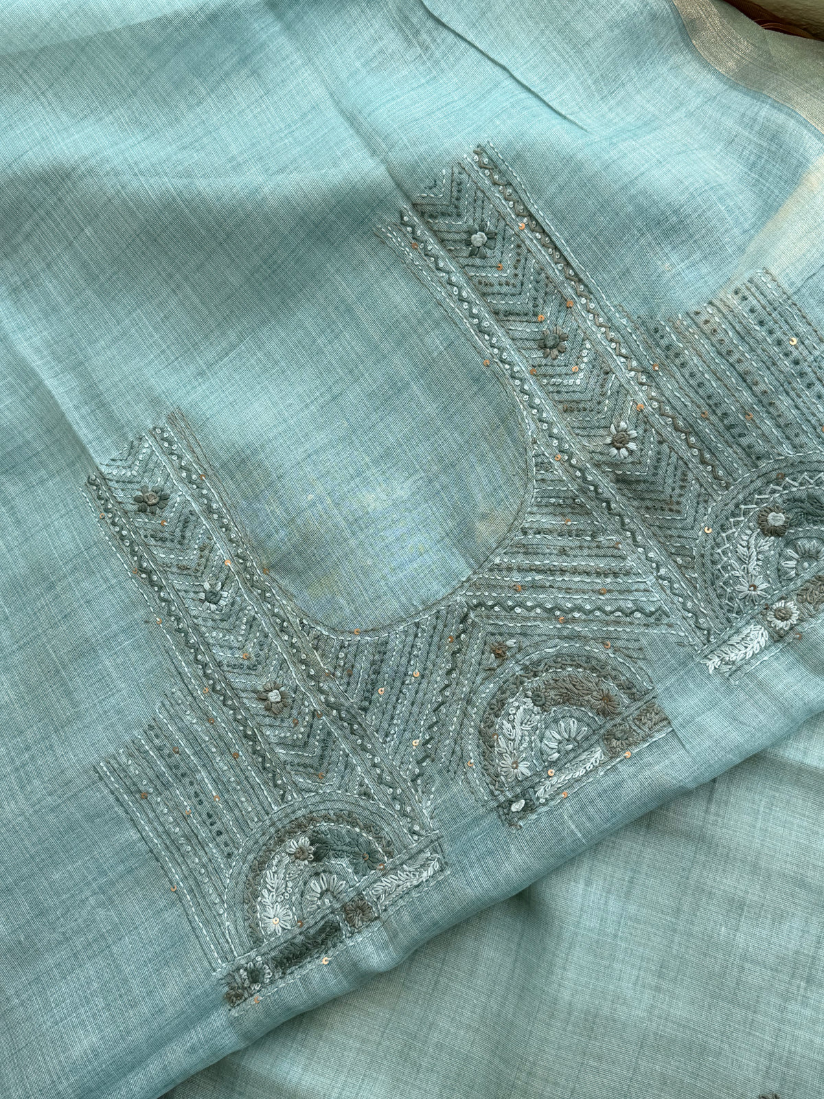 Linen Tissue with Embroidery  Work - Blue
