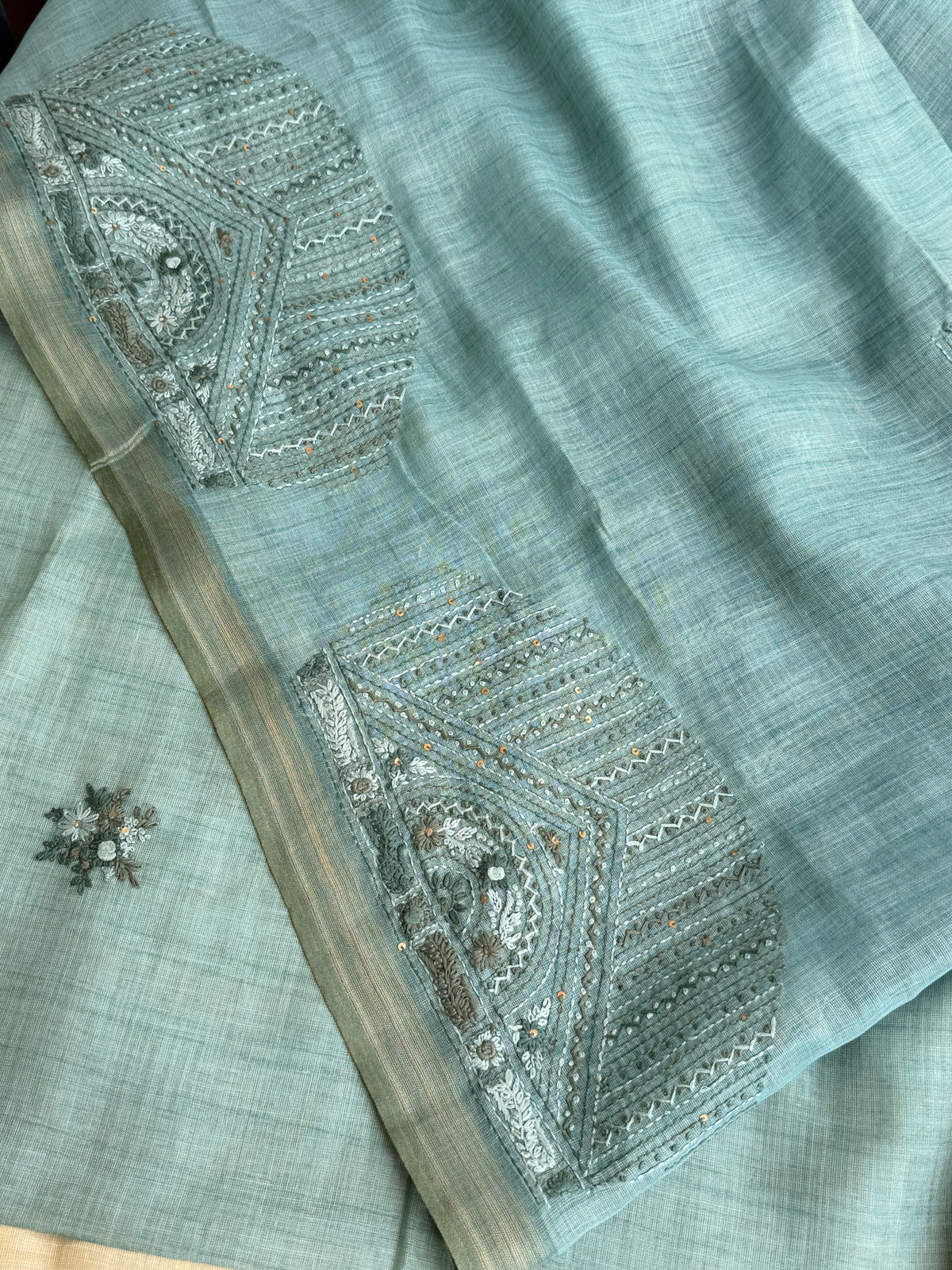 Linen Tissue with Embroidery  Work - Blue