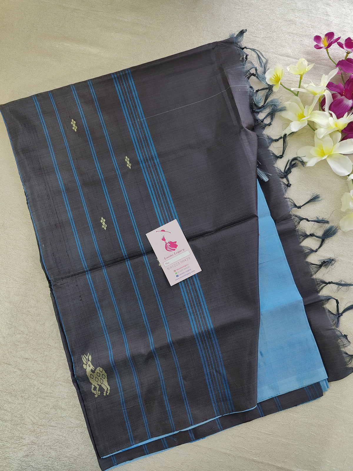 Blue with Dark Elephant Grey Pallu Handwoven Chinnalampattu Saree