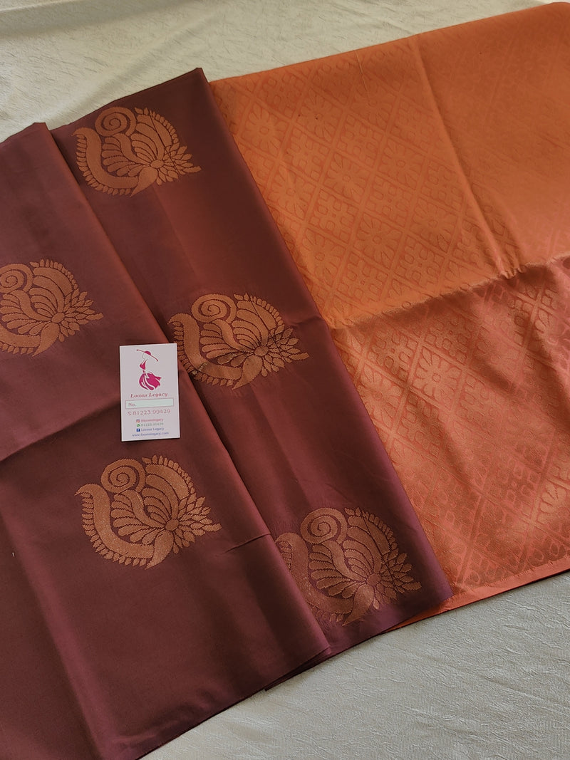 Brown with Peach Copper Zari Woven Borderless Semi Soft Silk Saree