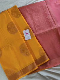 Mango Yellow with Peach Copper Zari Woven Border Semi Soft Silk Saree