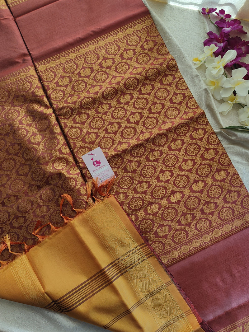 Dark Marron with Yellow Vanasingaram Pattern Chinnalampattu Border Saree