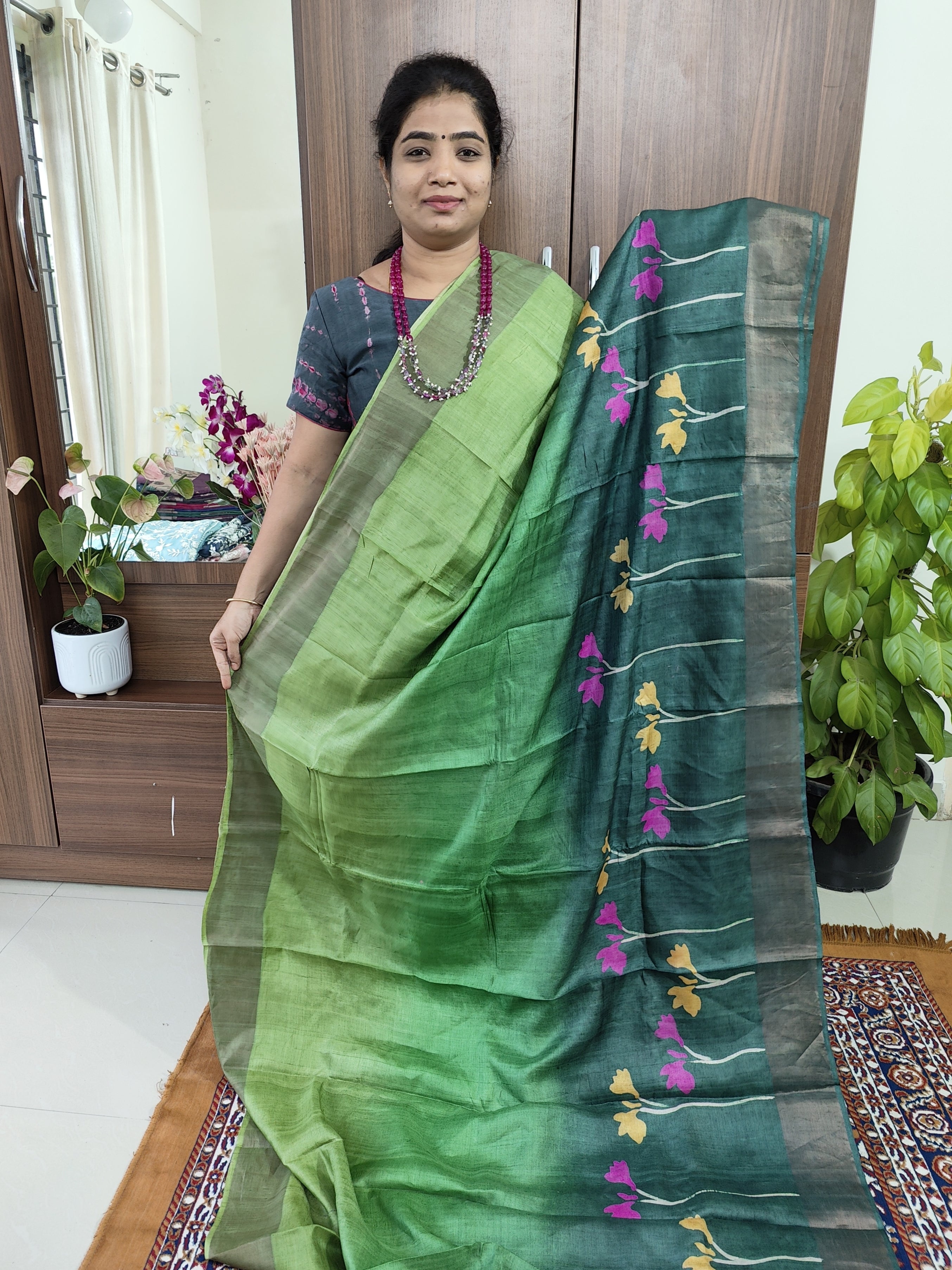 Handpainted Beige Tussar Silk Saree – Resham - House Of Silk