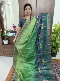 Green with Floral Hand Painted Pure Handwoven Tussar Silk Saree with Zari Border