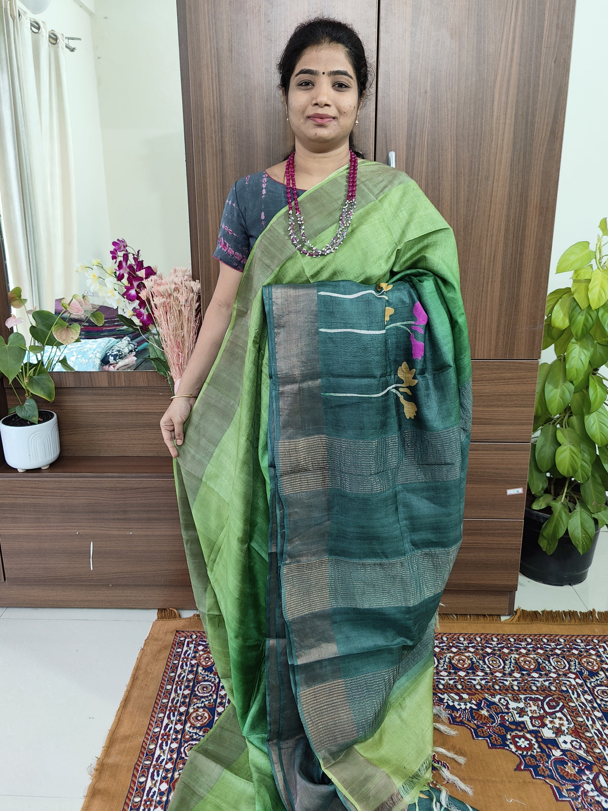 Green with Floral Hand Painted Pure Handwoven Tussar Silk Saree with Zari Border