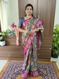 Semi Gadwal Silk Saree with Kalamkari Print - Grey with Purple