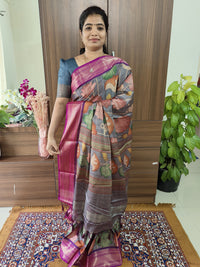 Semi Gadwal Silk Saree with Kalamkari Print - Grey with Purple